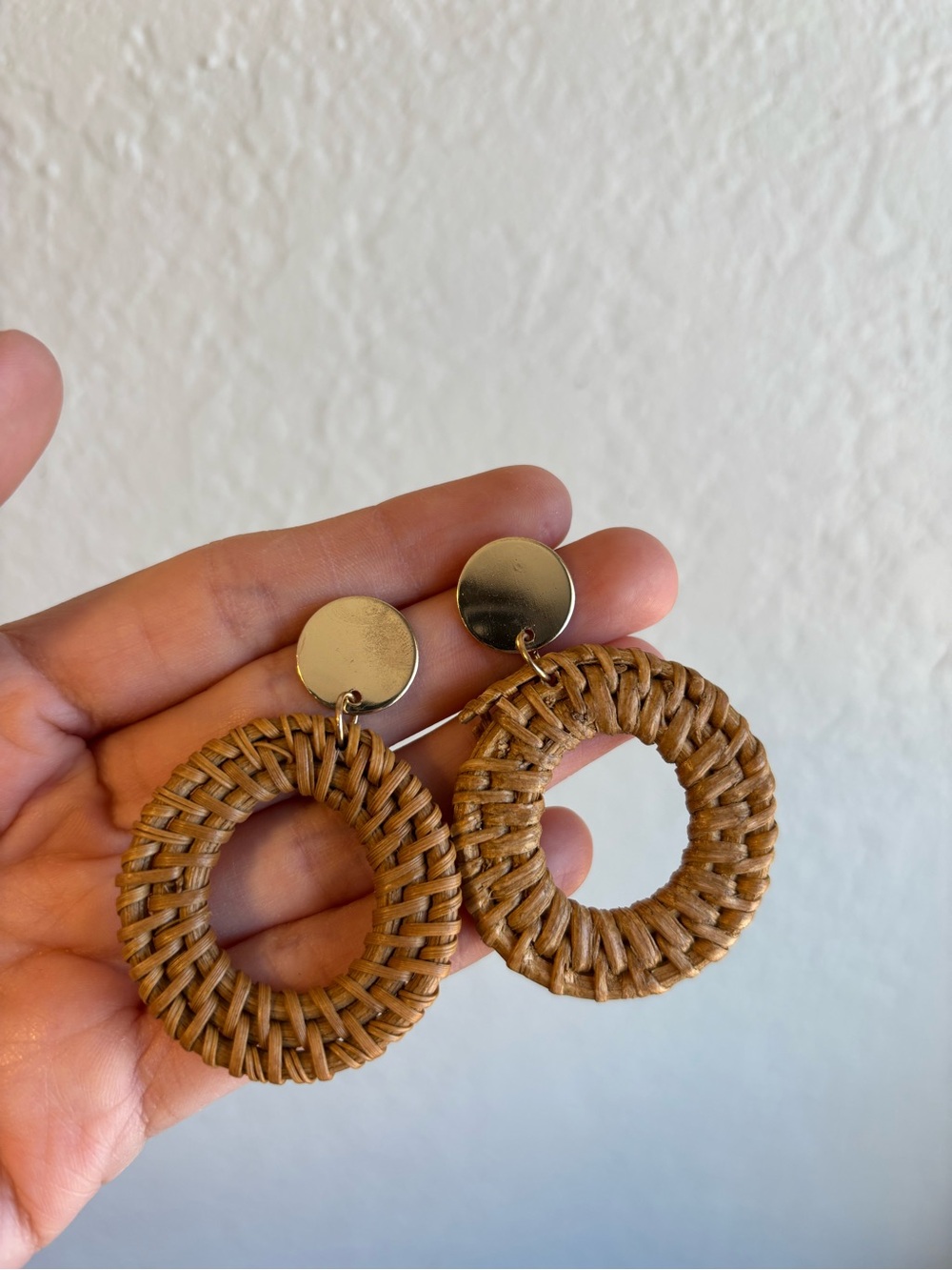 Woven Rattan Hoop Drop Earrings - Brown